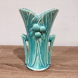 McCoy Pottery Vintage MCM Leaves and Berries Teal Green Ceramic Flower Vase 1940